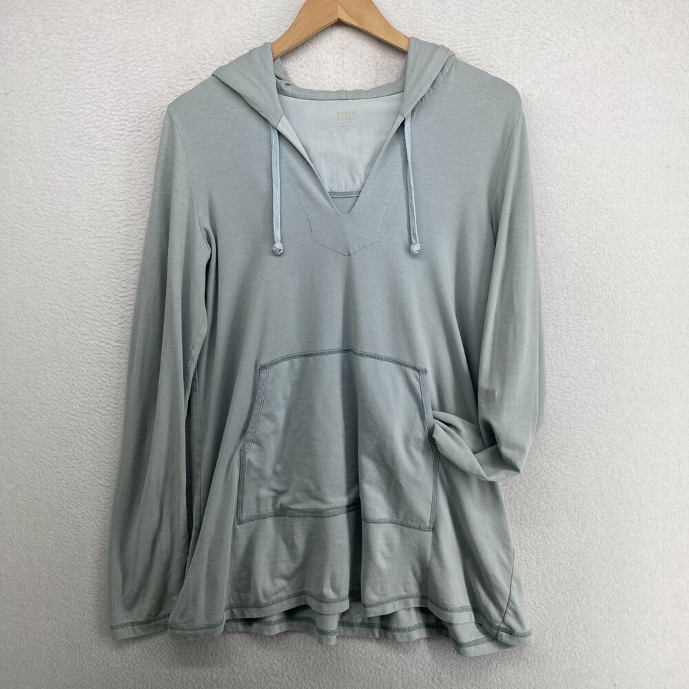 EILEEN FISHER Jacket PM Stretch Organic Cotton V Neck Hoodie Pullover Blue USA
